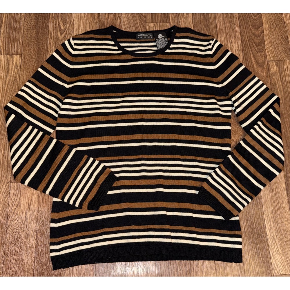Liz Claiborne Collection Pure New‎ Wool Striped Sweater Black Brown Cream Small